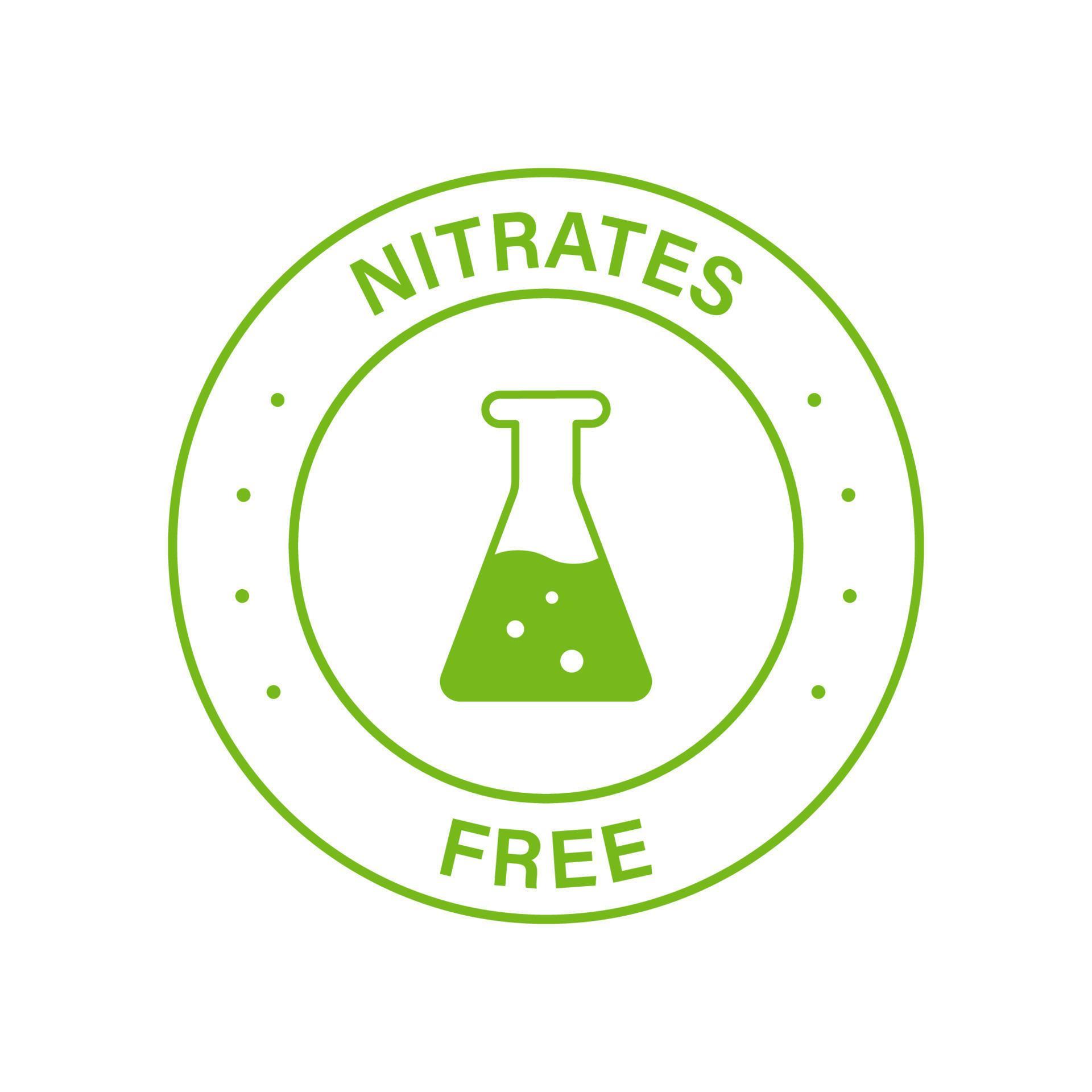 Nitrates Free Green Stamp. No Nitrate Label. Free Nitrites in Food Ingredient Symbol. Nutrition