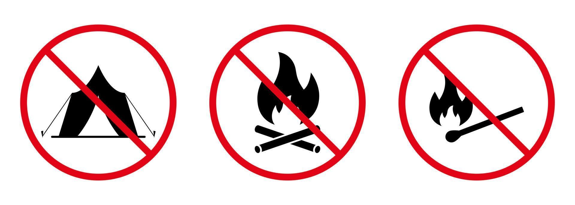 conjunto de iconos de silueta negra de fósforo de hoguera de prohibición de precaución. prohibir la zona de fuego de campamento. pictograma prohibido del área del campamento. símbolo de parada de palo de fósforo de madera. no hay señal de llama permitida. ilustración vectorial aislada. vector