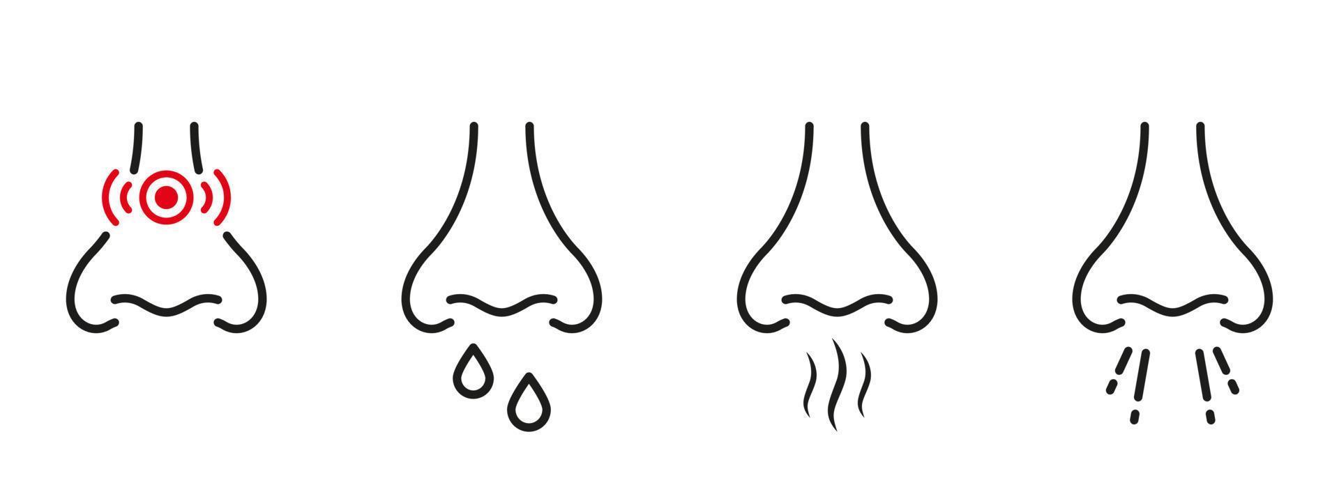 pictograma de contorno de virus enfermo de nariz mocosa alérgica. símbolo plano de la enfermedad respiratoria médica nasal. signo de enfermedad de dolor de nariz. conjunto de iconos de línea negra de infección por estornudo nasal. ilustración vectorial aislada. vector