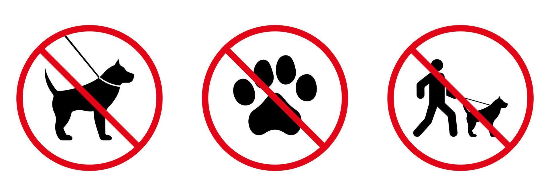 pictograma prohibido para pasear perros. hombre con canino con correa símbolo de círculo de parada roja. icono de silueta negra de prohibición de huella de pata. no se permite señal de mascota. Zona de estacionamiento prohibido para caminar. ilustración vectorial aislada. vector