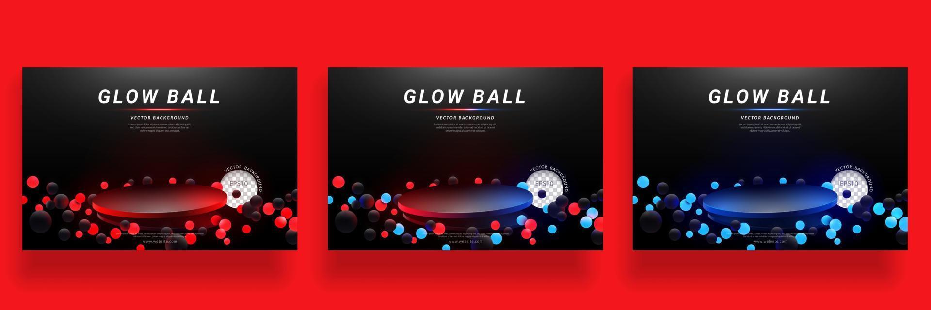 conjunto de podio flotando con una bola de neón roja y azul brillante sobre fondo negro para la visualización del producto. diseño horizontal, ilustración vectorial vector