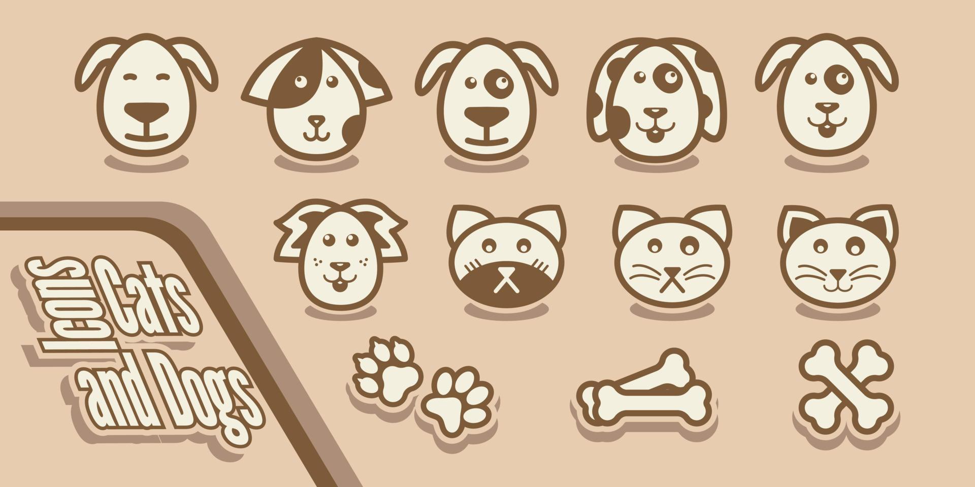 cats and dogs icons set plus bones and paws vector