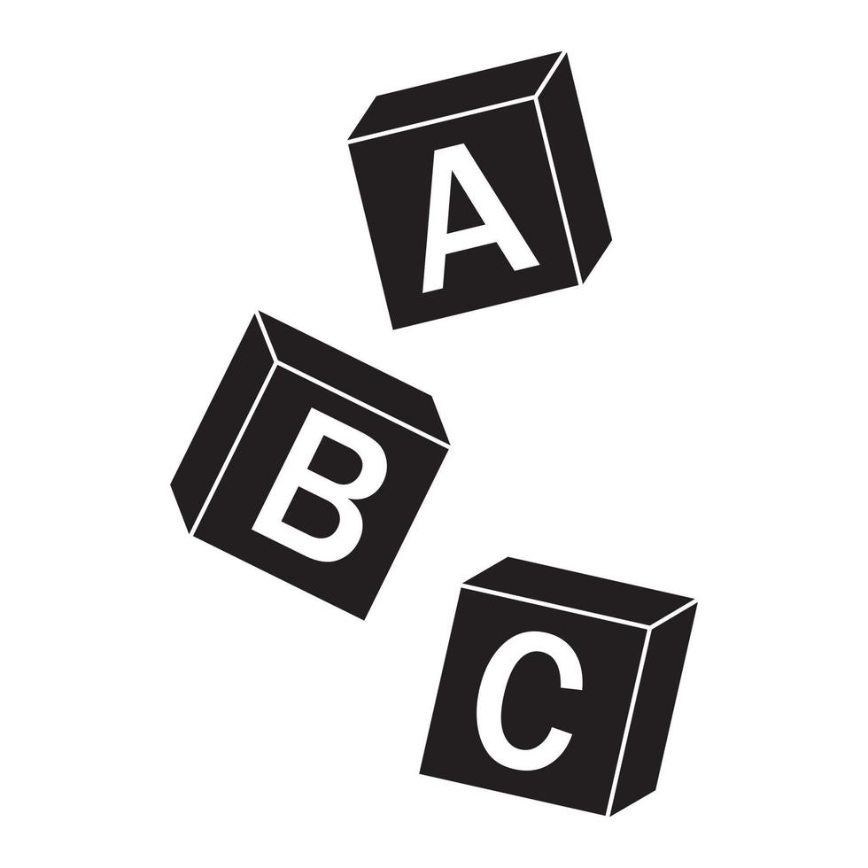 Falling Wooden Alphabet Cubes with letters A, B, C, black stencil, vector isolated illustration