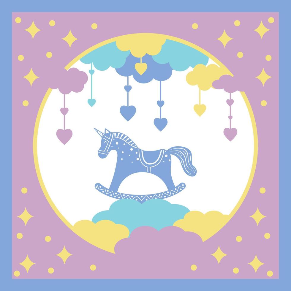 Multi-layered postcard with a unicorn on the clouds, color children's vector illustration