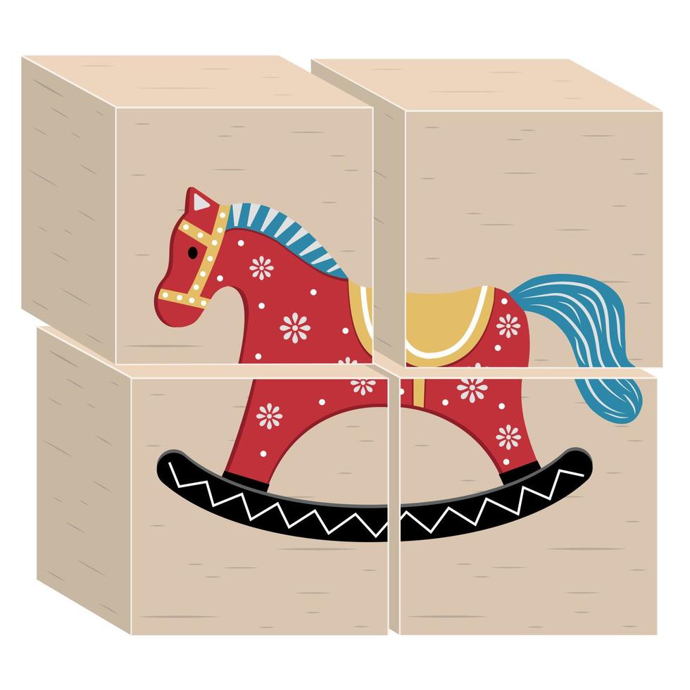 juguete educativo de madera para niños cubos con un caballo, ilustración vectorial de color. vector