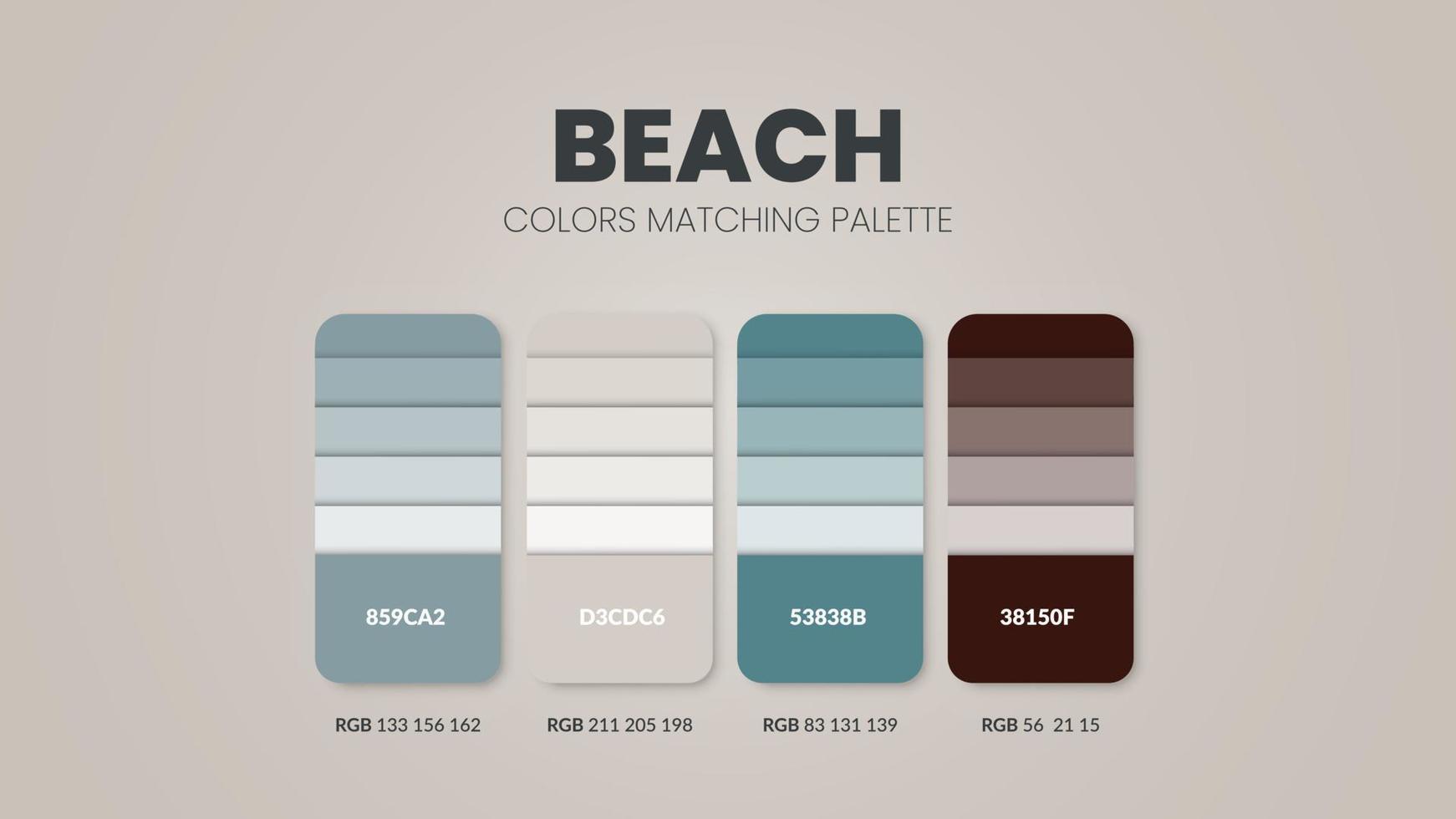 ideas de combinaciones de colores de tonos de playa. Las paletas de colores son combinaciones de tendencias y guías de paletas de este año, una tabla de tonos de colores en rgb o hexadecimal. una muestra de color para una moda de primavera, un hogar o un diseño de interiores vector