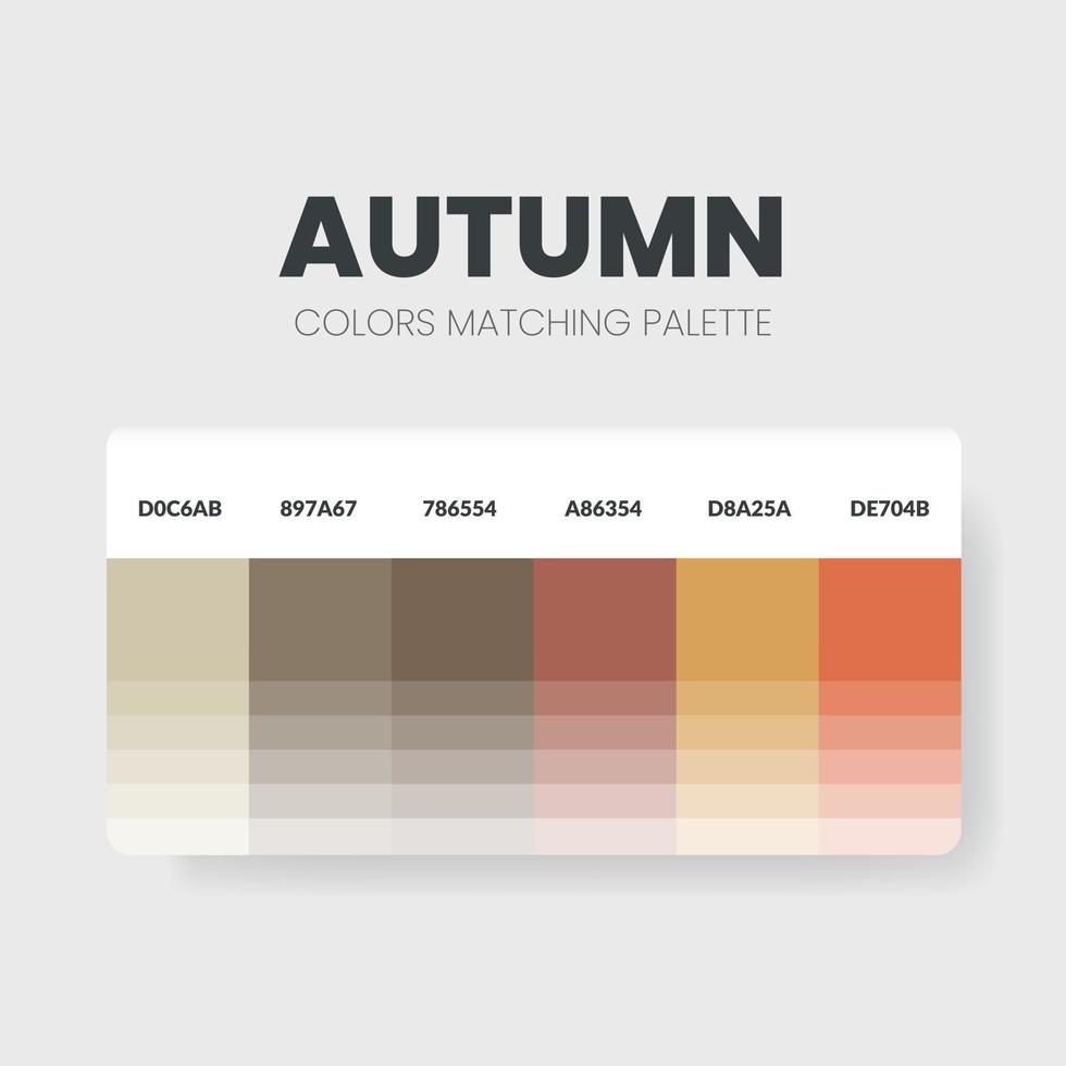 An autumn color palette or color schemes are trends combinations and palette guides this year, such as table color shades in RGB or  HEX. A color swatch for an autumn fashion, home, or interior design vector