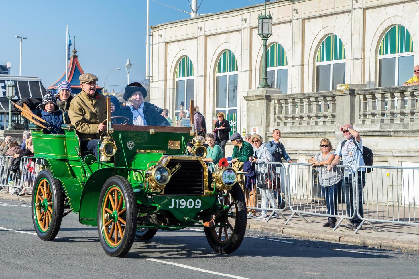 Brighton, East Sussex, UK, 2015. Car approaching the Finish Line of the London to Brighton Veteran Car Run photo