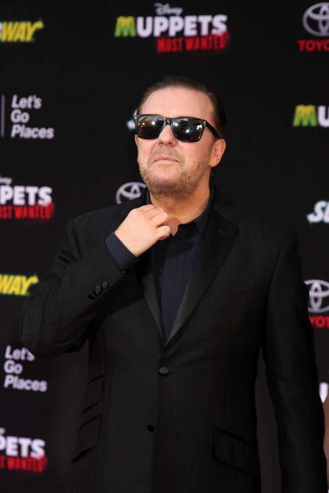 LOS ANGELES, MAR 11 - Ricky Gervais at the Muppets Most Wanted, Los Angeles Premiere at the El Capitan Theater on March 11, 2014 in Los Angeles, CA photo