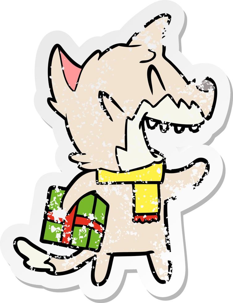 distressed sticker of a laughing christmas fox cartoon vector