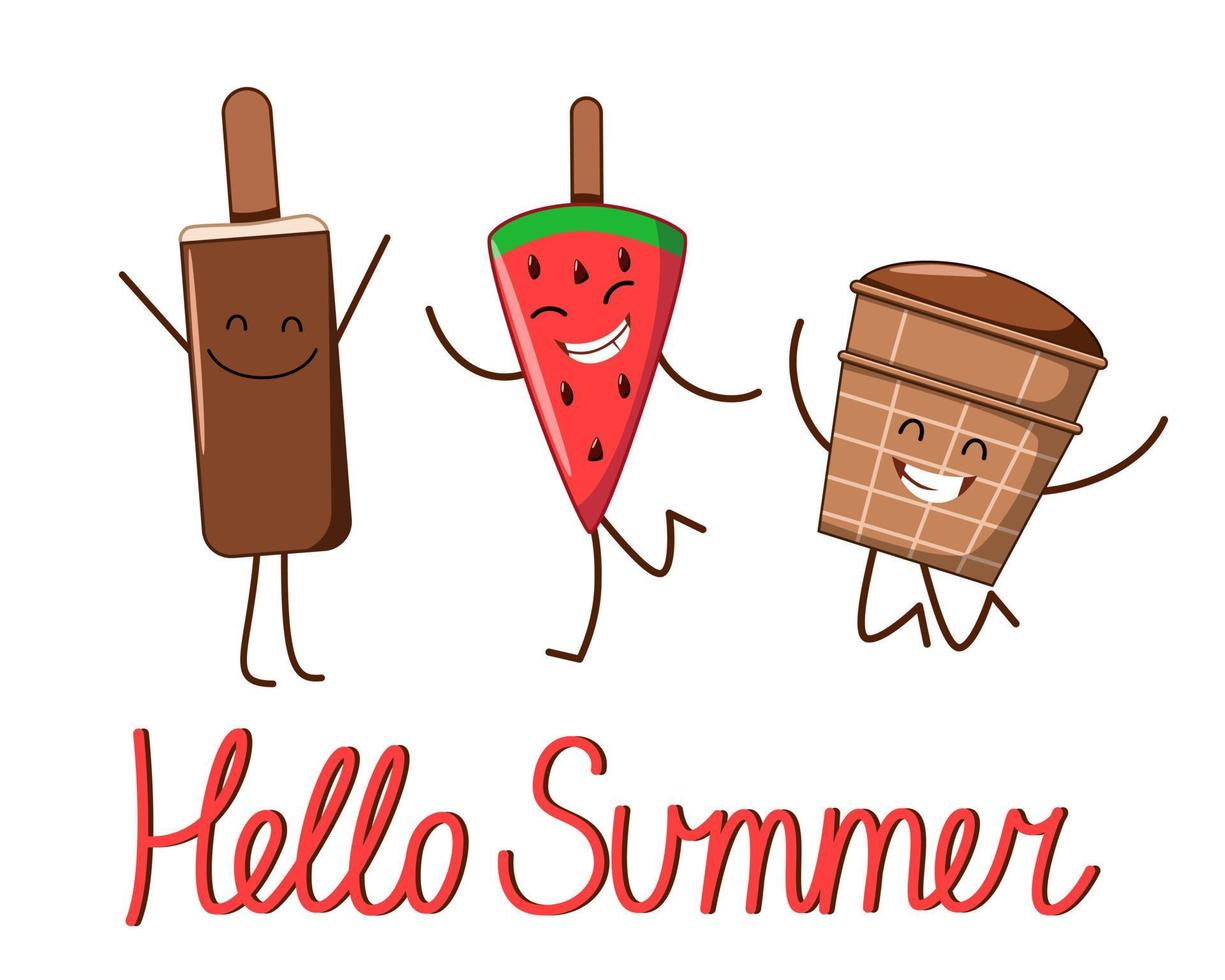 A postcard with the characters of a cheerful ice cream with the inscription hello summer. vector