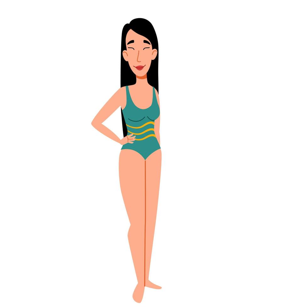 A female character in a swimsuit. Skinny Asian girl in full height. vector