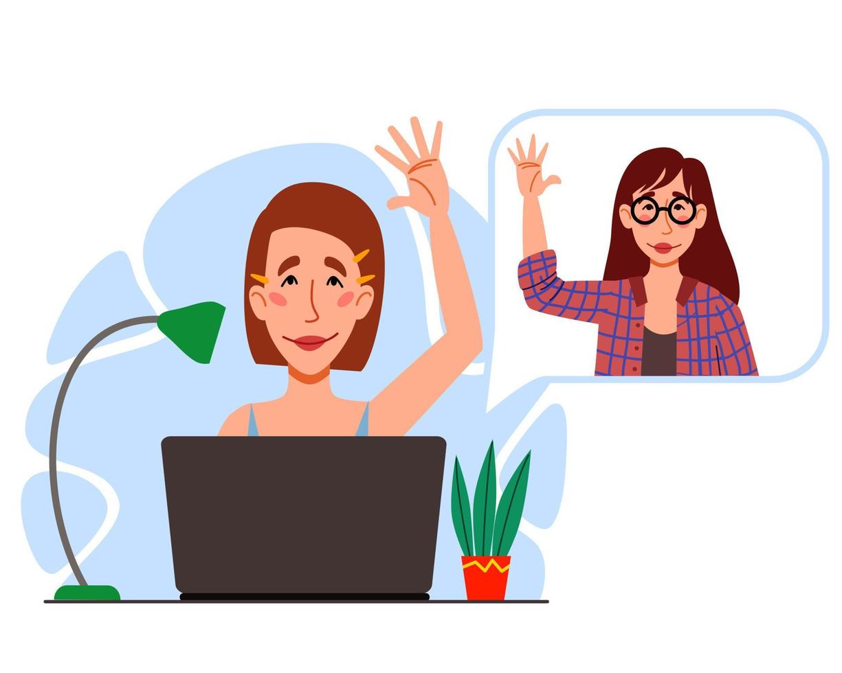 Illustration of a virtual meeting with different people who say hello. The concept of an online meeting with young men and women. vector