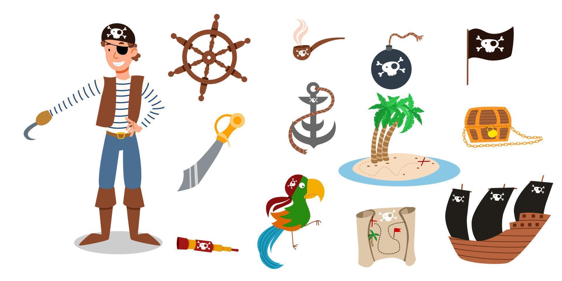 A set of pirate items. a pirate character in a suit in a bandana without a hand and with an eye patch. vector