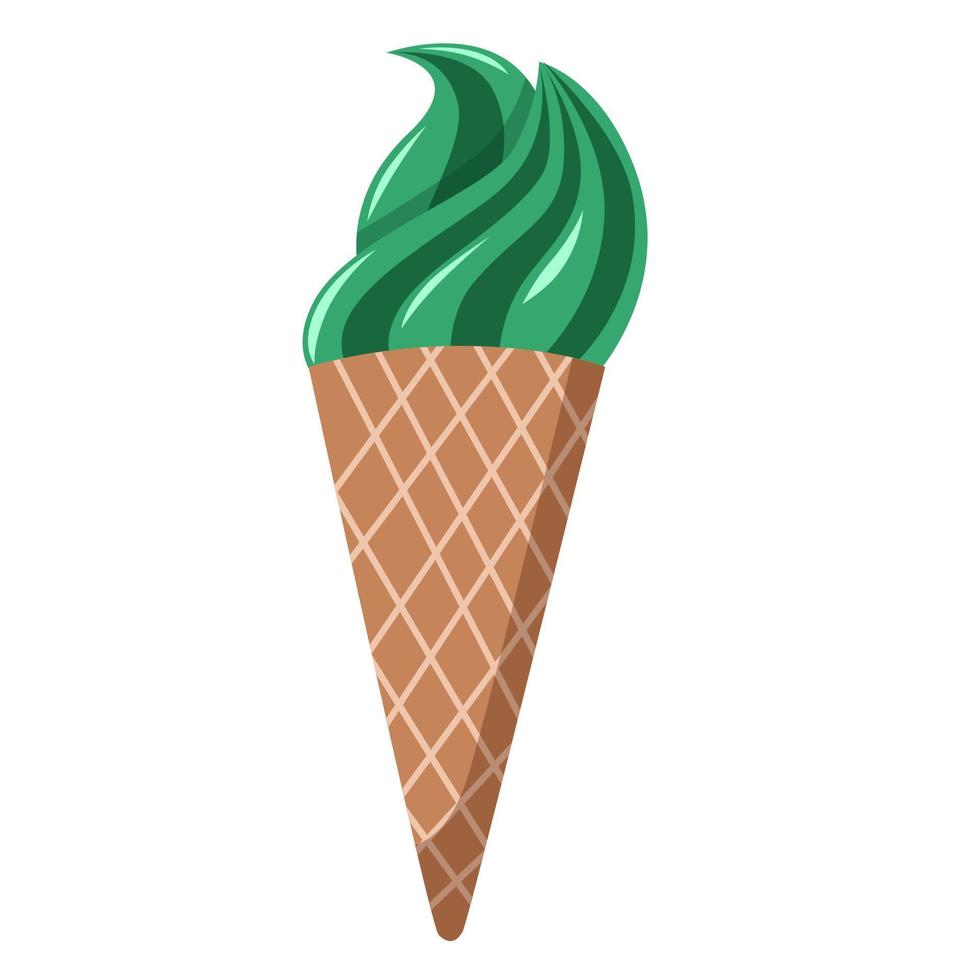 delicious green ice cream. Sweet summer treat in a waffle cone. vector