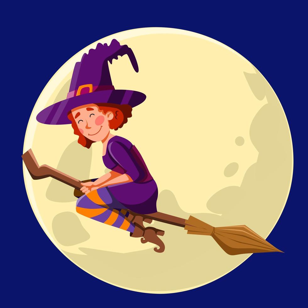 A pretty witch with red curly hair, flying at night on a broomstick. vector