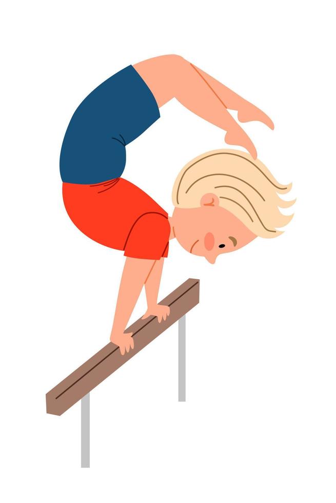 Children is sports gymnastics. Handstand in the scorpio pose. The child does exercises on a sports equipment. The boy is engaged in acrobatics. vector