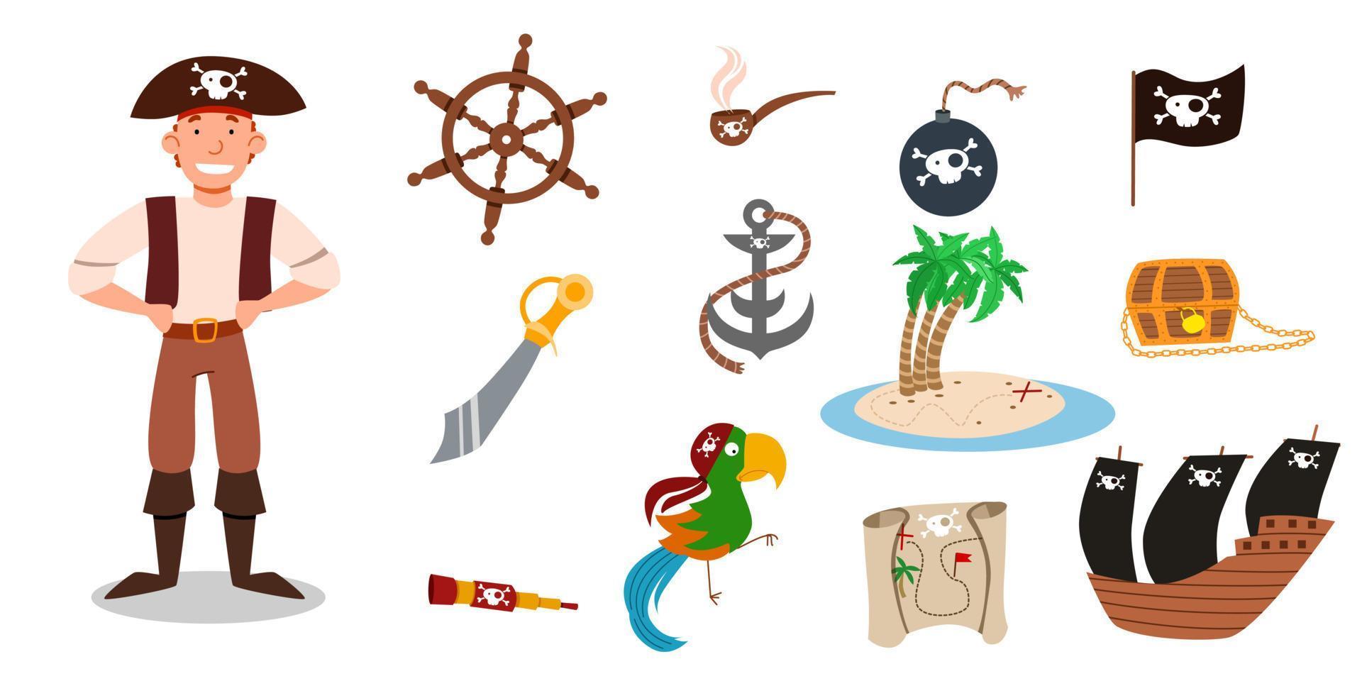 A set of pirate items. pirate character in a suit, hat, hands on the waist. vector