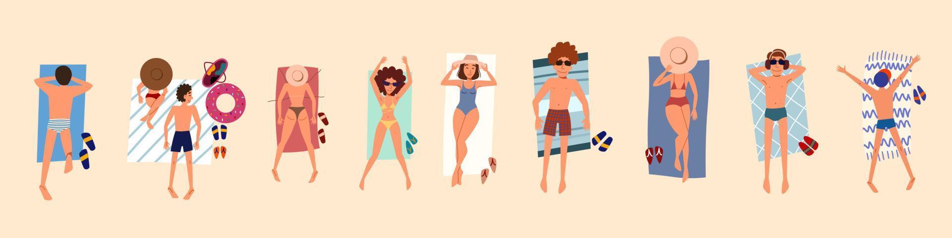 People on the beach or on the seashore relax and sunbathe. vector