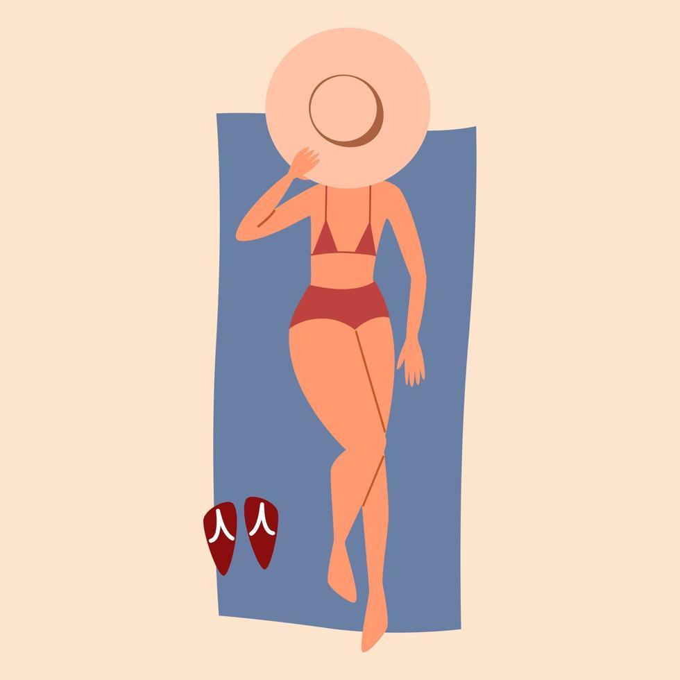 una mujer está tumbada boca arriba y tomando el sol en la arena. vector