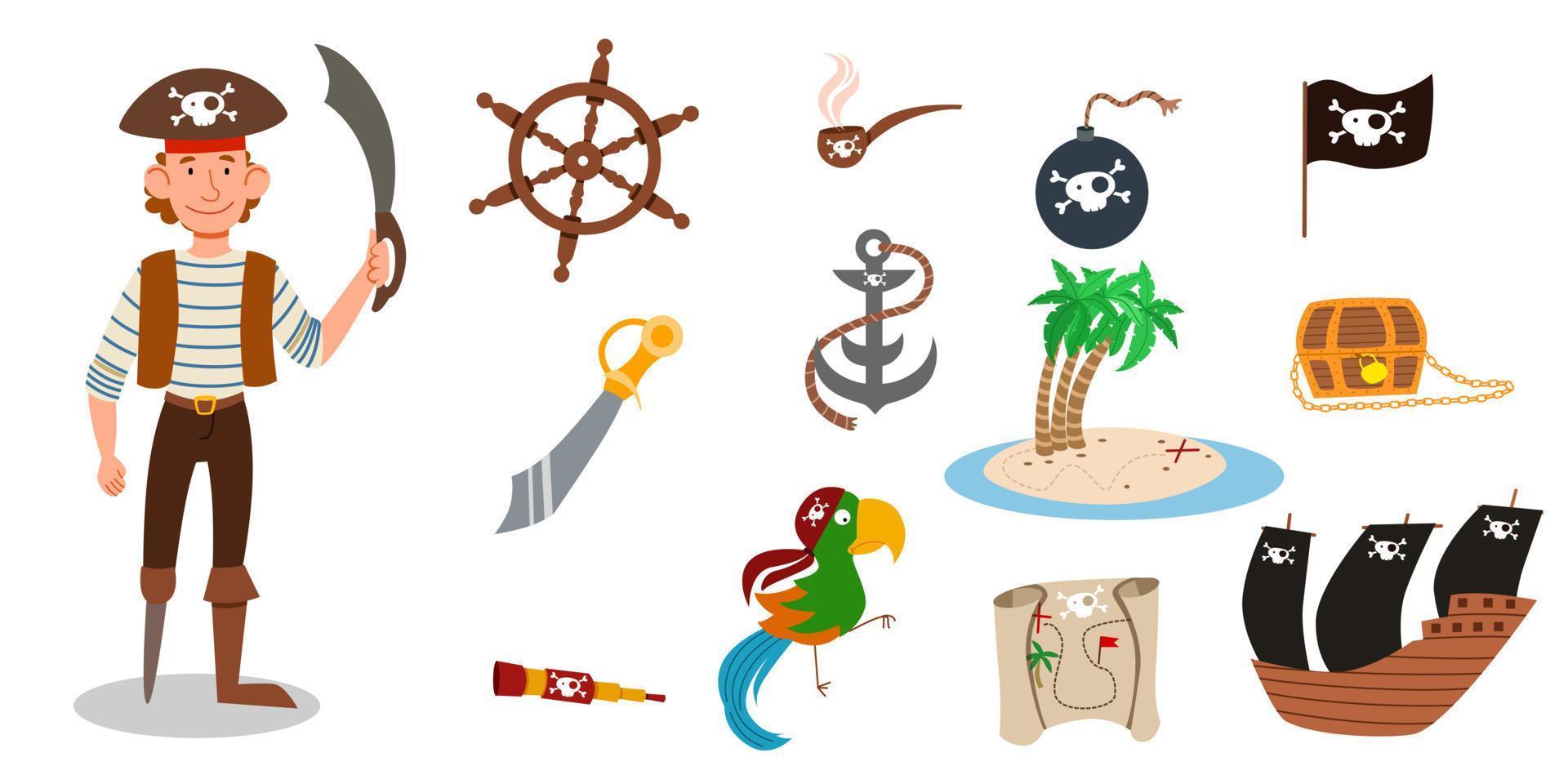 A set of pirate items. a pirate character in a suit, wearing a hat, without a leg and with a sword in his hand. vector