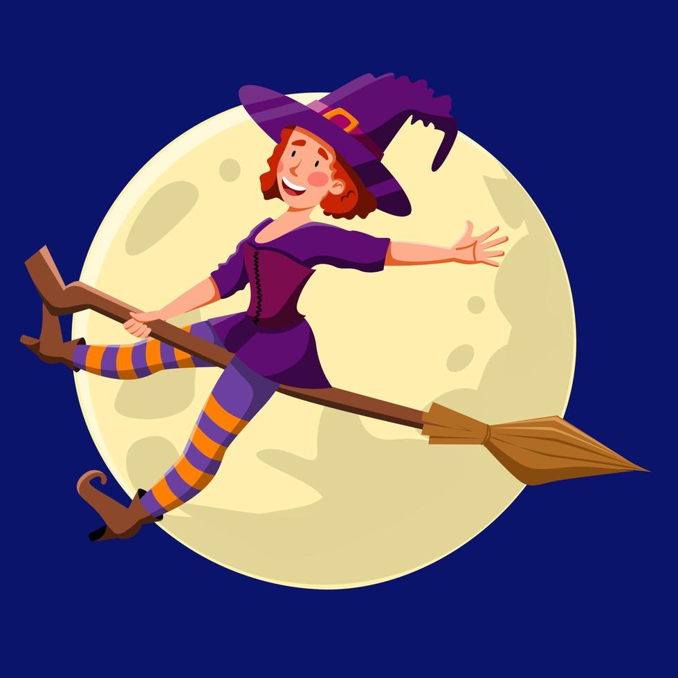 A pretty witch with red curly hair, flying at night on a broomstick. vector