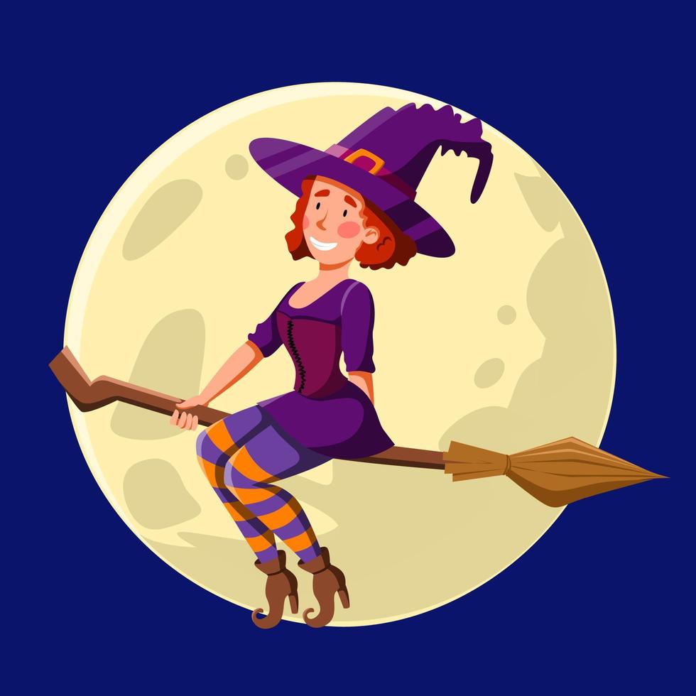 A pretty witch with red curly hair, flying at night on a broomstick. vector