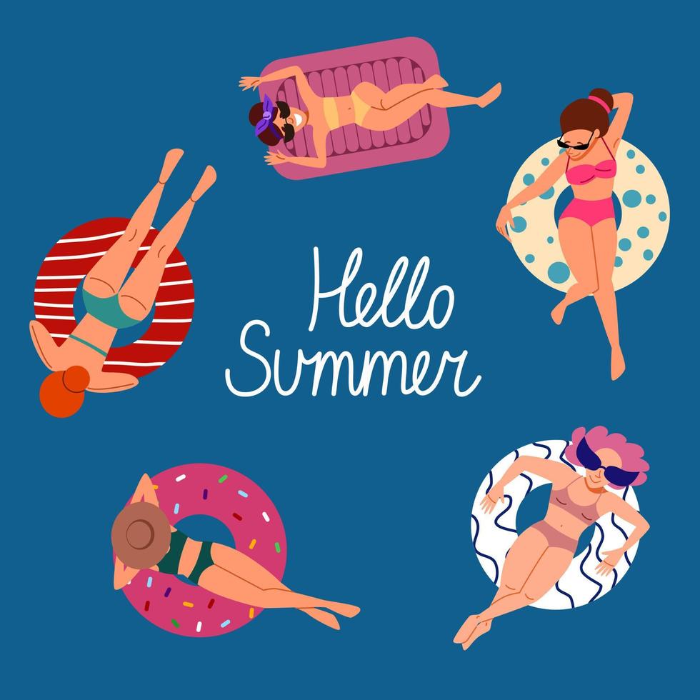 A postcard of a woman floating in a ring. Happy girls swimming in the sea on inflatable circles and a mattress vector