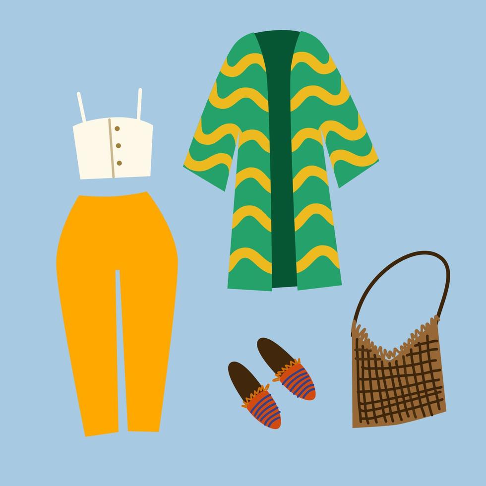A set of boho outfits and various boho elements. Fashionable clothes, bag, top, trousers, jacket, shoes. Vector illustration in a flat style