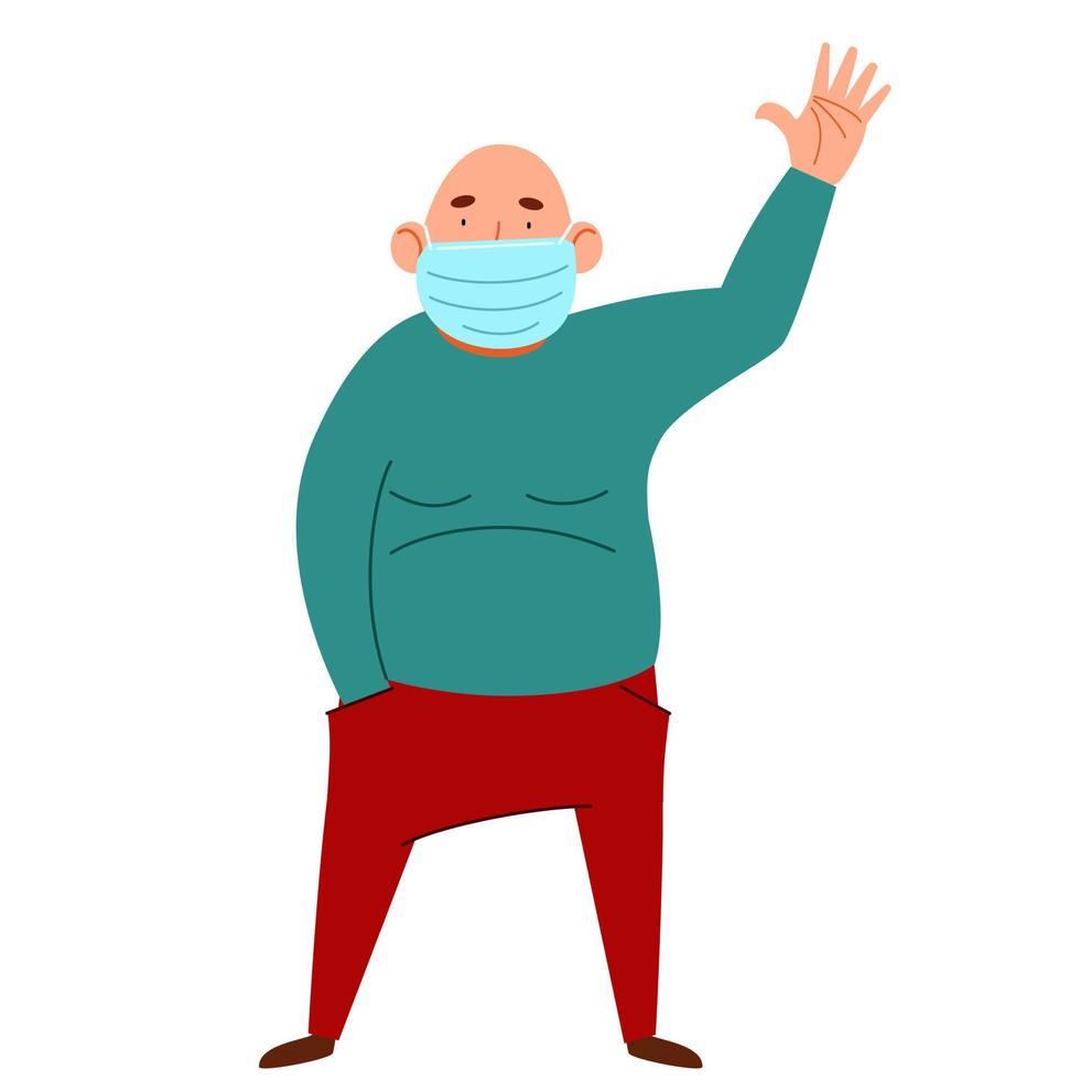 A fashionable pot-bellied man in a medical mask greets. Friendly greeting of a bald guy. vector