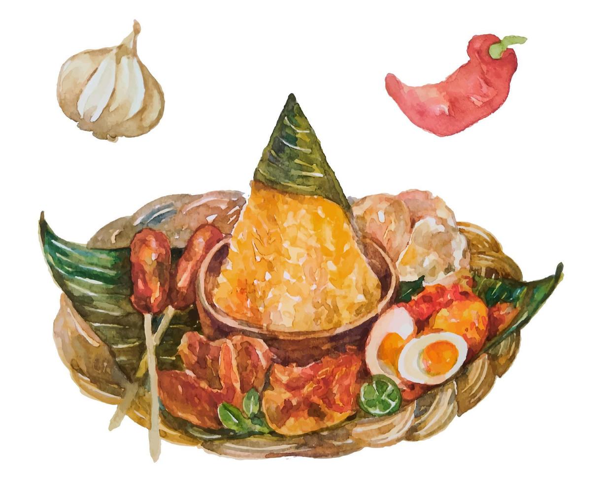 nasi tumpeng indonesian food watercolor hand painted vector