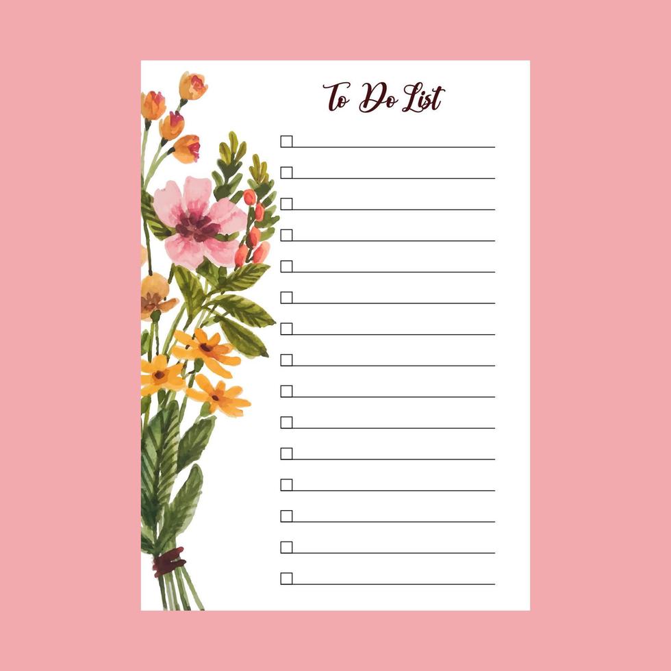 to do list template with flower watercolor illustration vector