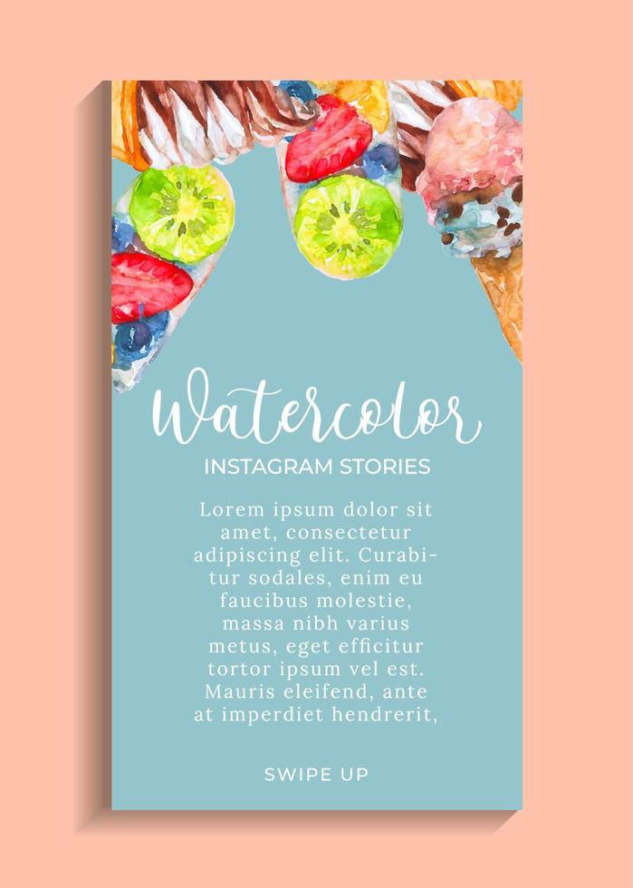 instagram stories template with watercolor ice cream illustration vector