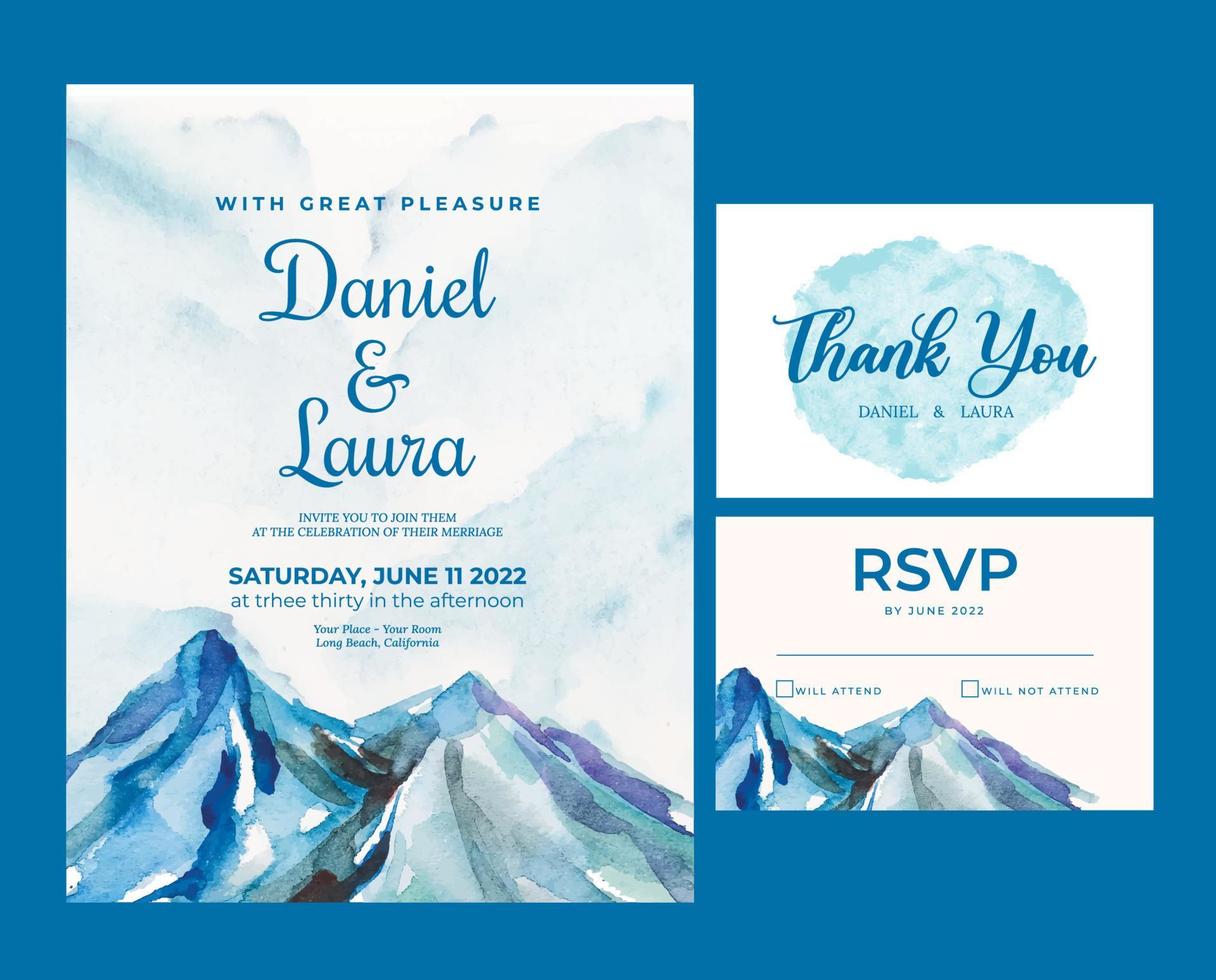 invitación de boda en acuarela con ilustración de montaña acuarela en el fondo vector