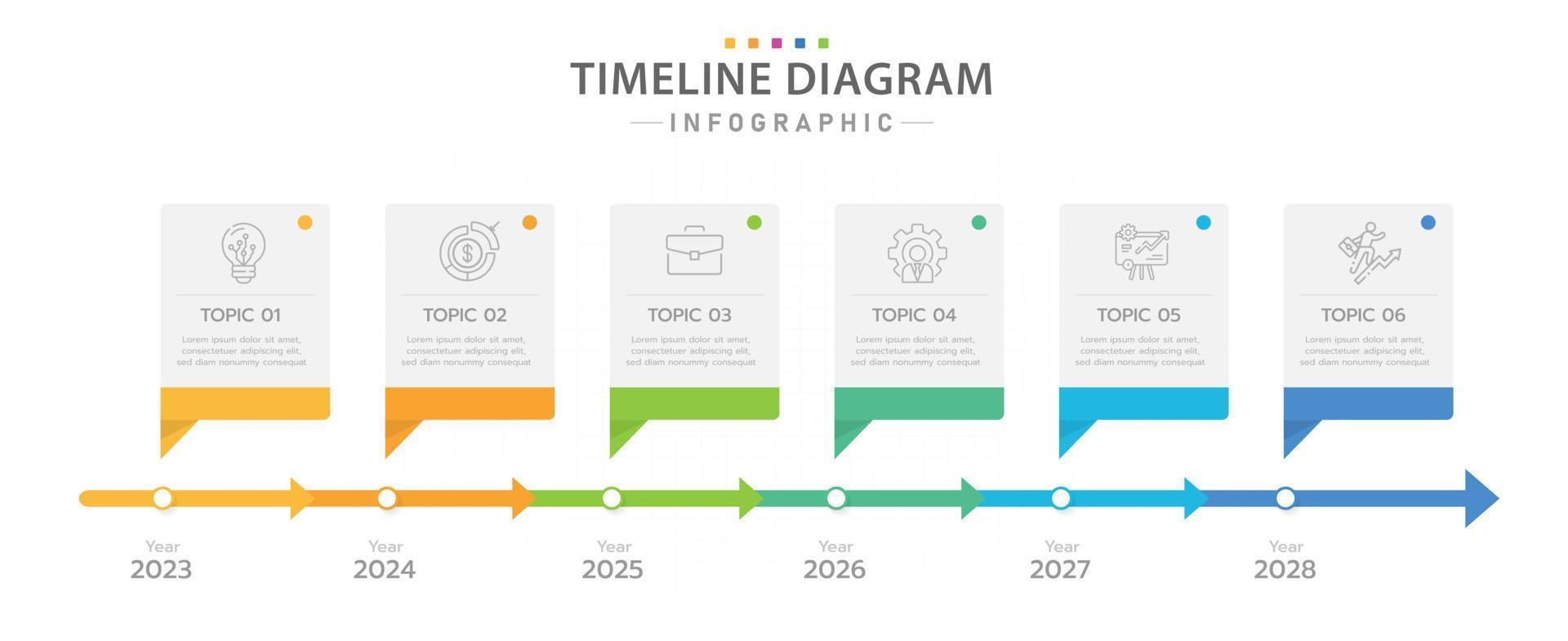 plantilla infográfica para negocios. Calendario de diagrama de línea de tiempo moderno de 6 pasos con temas anuales, infografía vectorial de presentación. vector