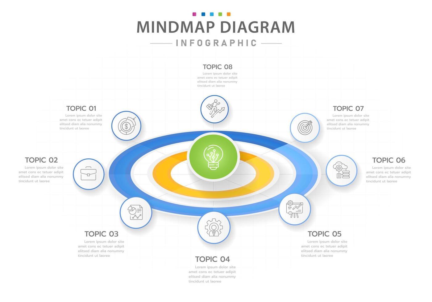 plantilla infográfica para negocios. Diagrama de mapa mental moderno de 8 pasos con temas circulares, infografía vectorial de presentación. vector