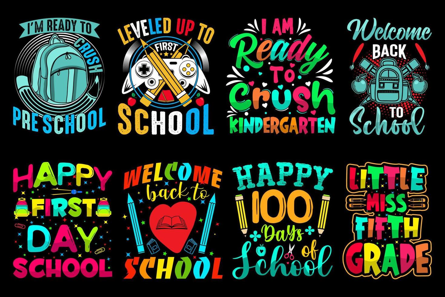 Back to school t-shirt design bundle, first day, hundred daysof School, typography t-shirts, kids tshirt, vector