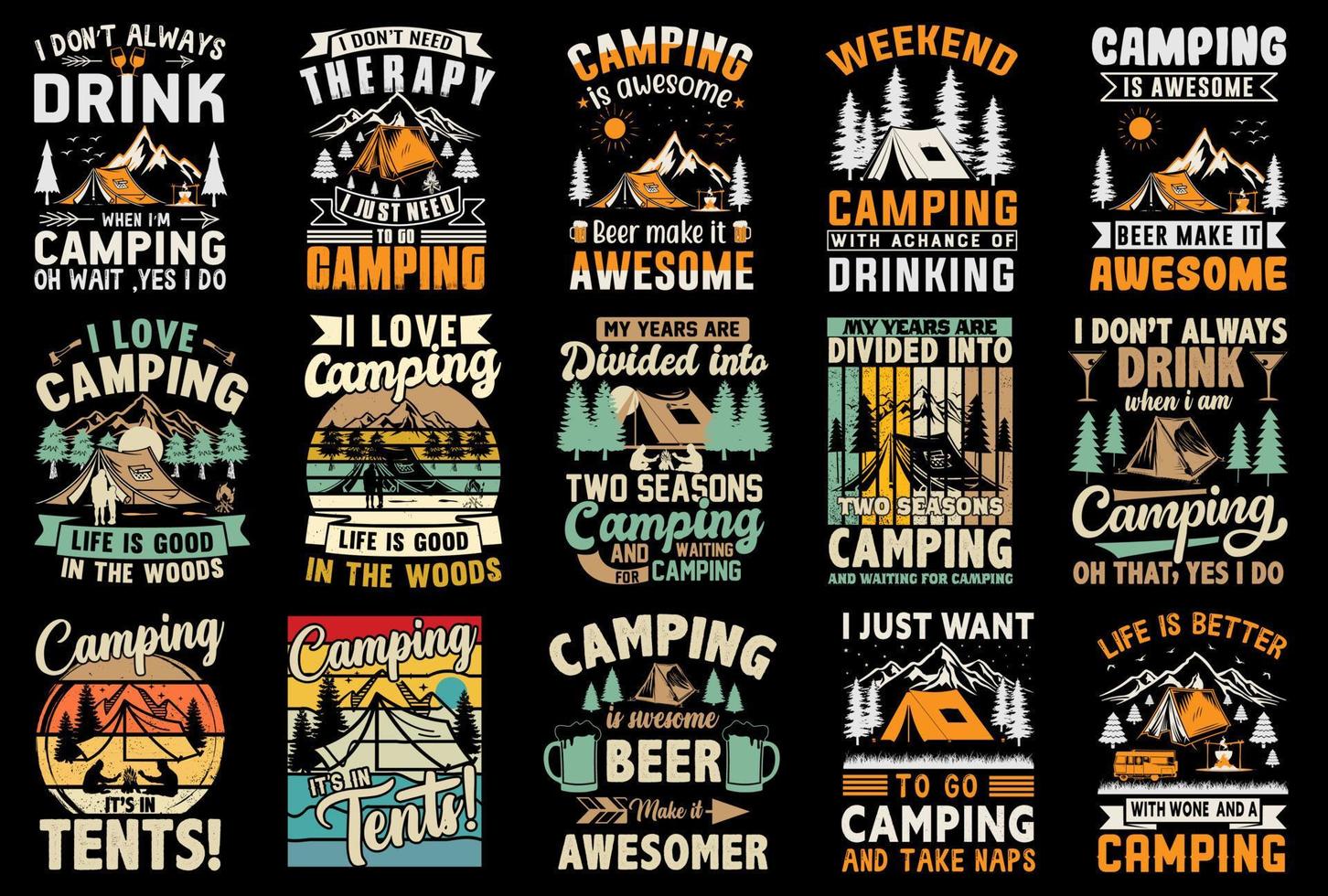 paquete de diseño de camiseta de camping gratis, elemento de vector de camping gratis, diseño de camiseta de campamento gratis