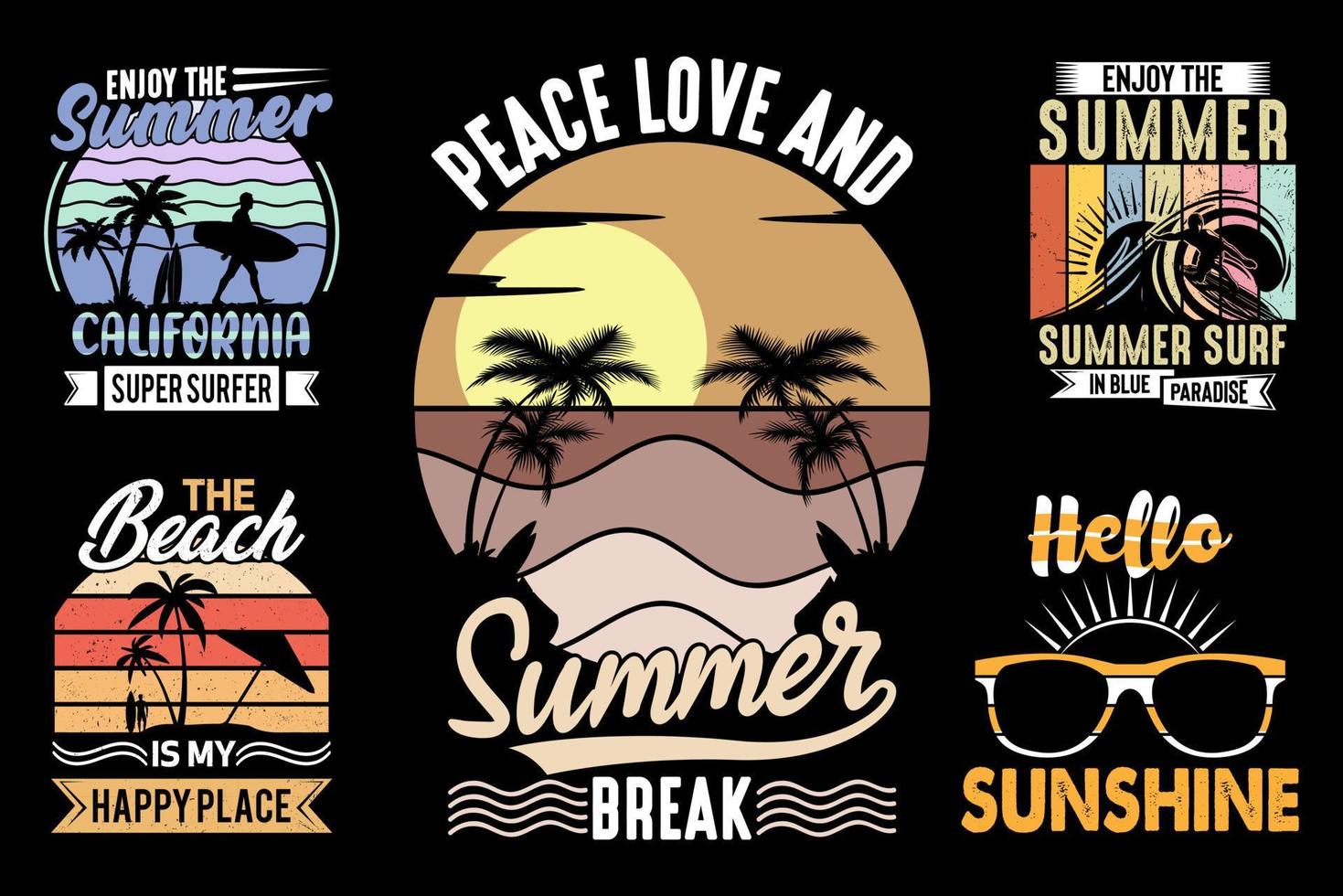 paquete de diseño de camisetas de verano, elemento vectorial, vibraciones, sol, camisetas de playa vector