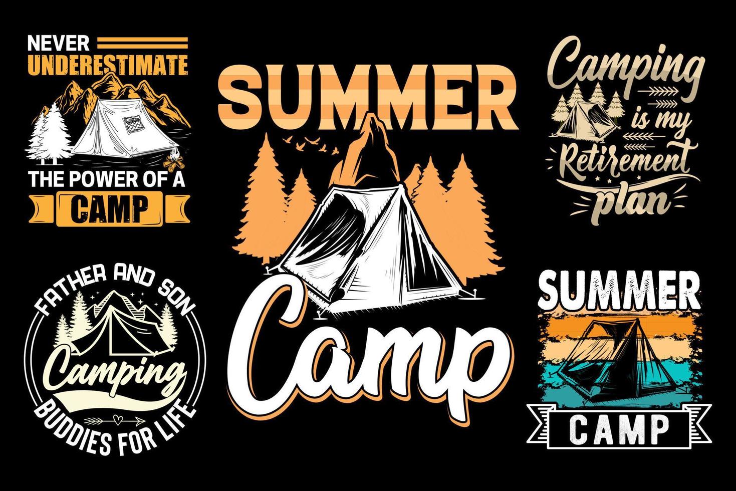 paquete de diseño de camisetas de camping, vintage, camisetas al aire libre, elemento de vector gráfico, diseño de tipografía camper,