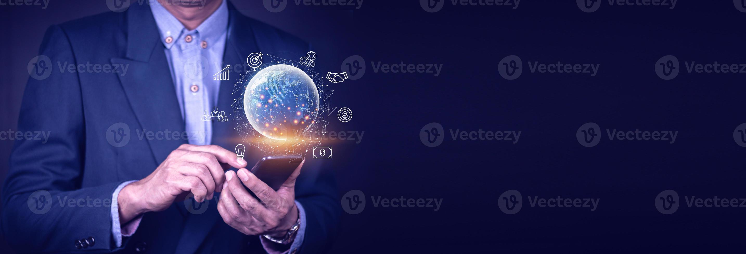 Businessman using mobile smart phone. Business global internet connection application technology and digital marketing, Financial and banking, Digital link tech, big data. photo