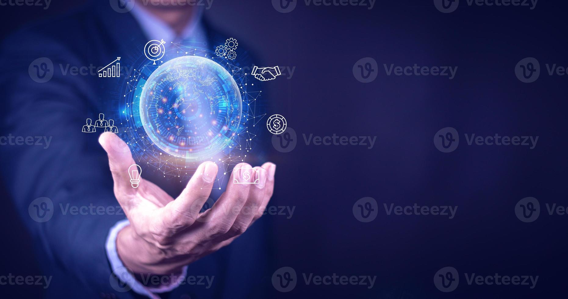 Businessman using mobile smart phone. Business global internet connection application technology and digital marketing, Financial and banking, Digital link tech, big data. photo