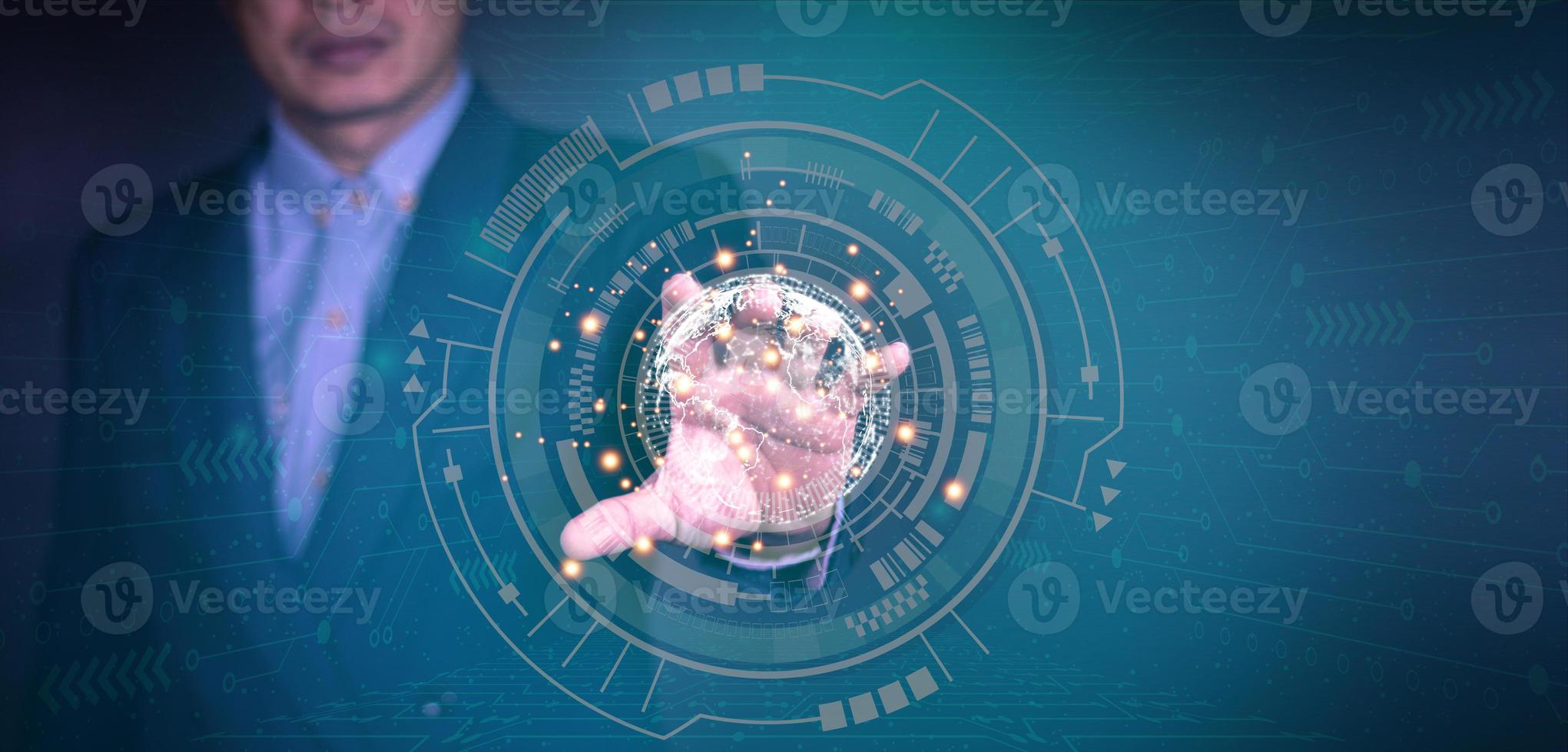 Man hand touching The metaverse universe,Digital transformation conceptual for next generation technology era. photo