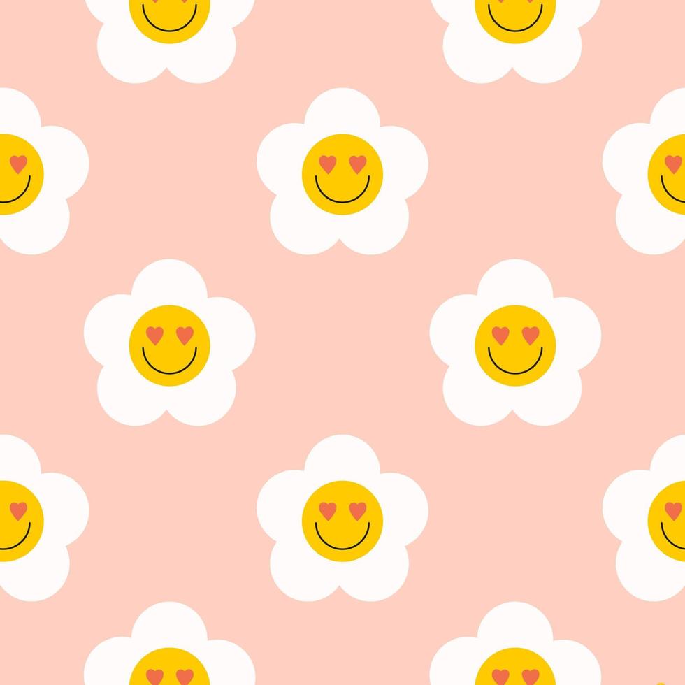 Retro groovy seamless pattern with smiling flowers on a peach background. Cute colorful trendy vector illustration in style 60s, 70s
