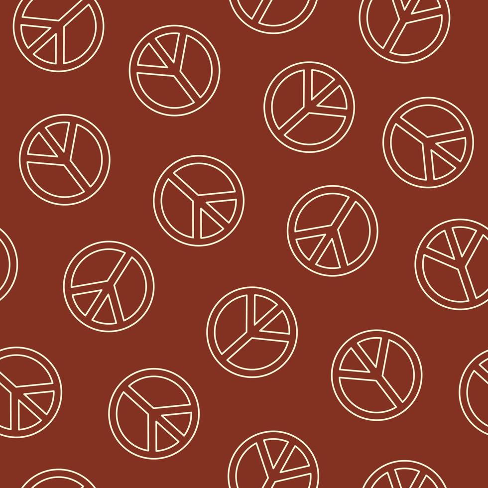 Retro colorful linear peace symbol seamless pattern on a brown background. Vector illustration