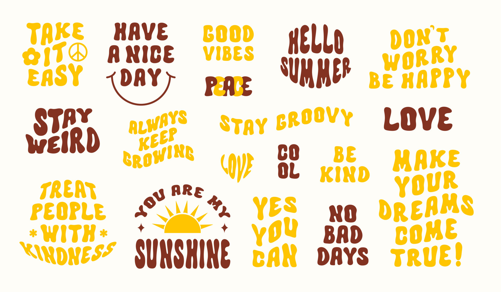 Colorful retro set of inspirational quotes and slogans in style 60s