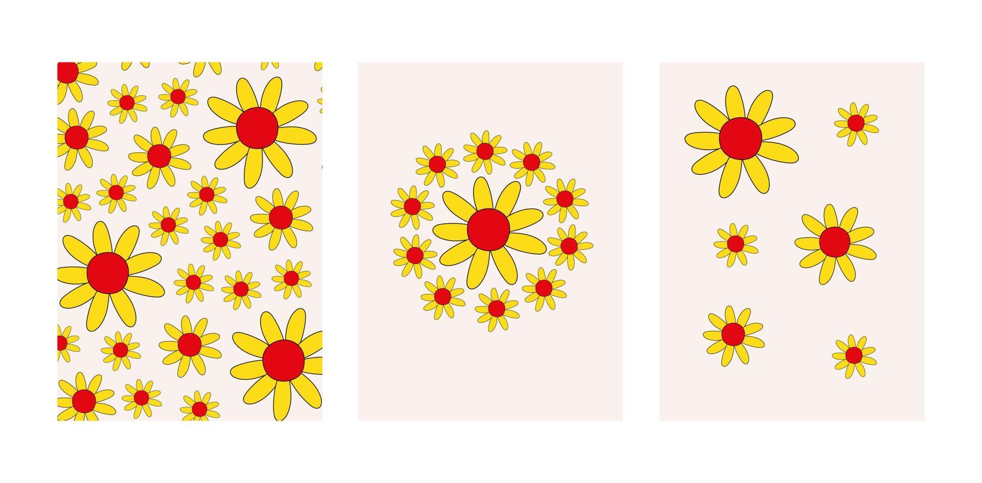 Retro vintage posters in hippie style 60s, 70s. Groovy patterns with flowers shapes. Colorful vector illustration