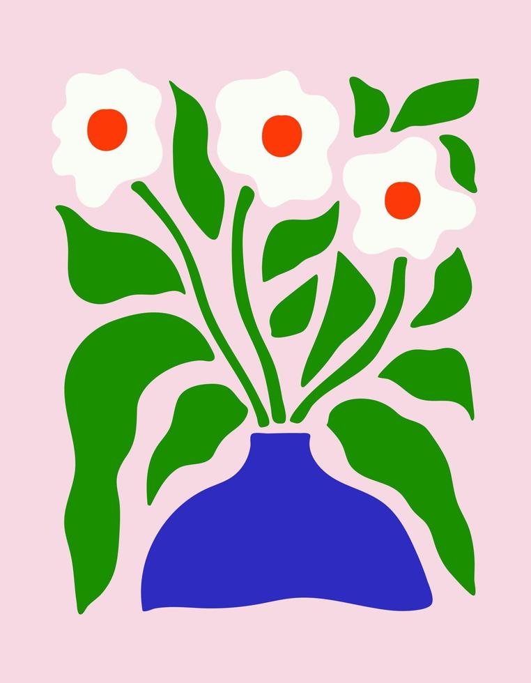 Afiche botánico abstracto con varias flores maravillosas en flor sobre un fondo rosa claro. decoración de arte naif. ilustración de vector dibujado a mano de moda