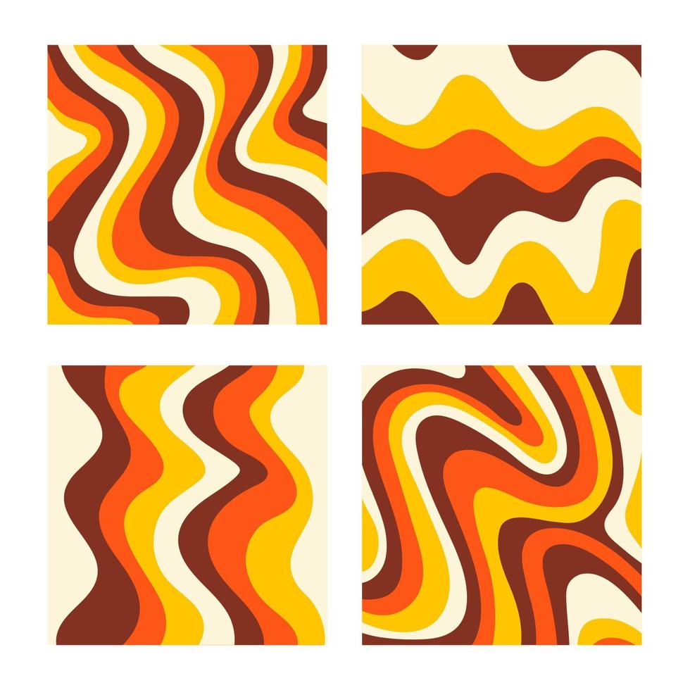 Abstract set square backgrounds with colorful waves. Trendy vector illustration in style retro 60s, 70s. Red, yellow and brown colors