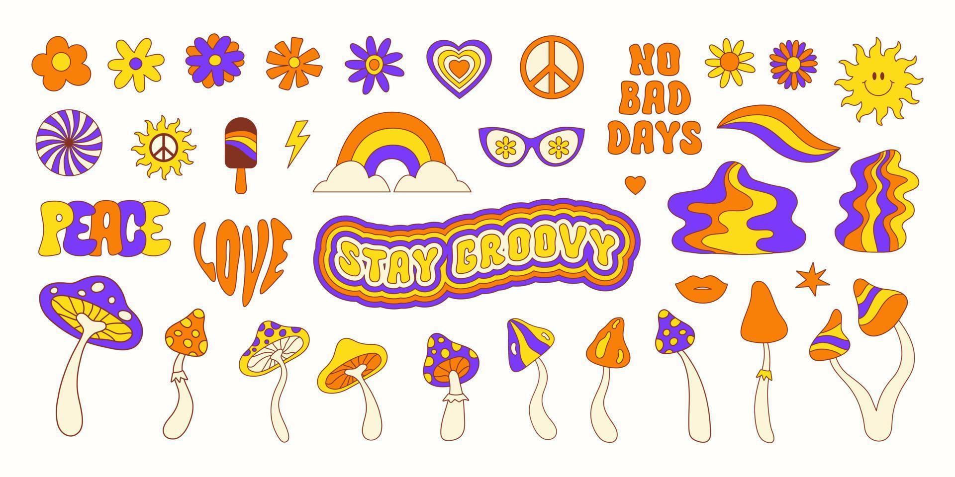 Retro set of groovy hippie elements in style 70s, 80s. Colorful icons mushrooms, daisy flowers, peace symbol, rainbow, waves and text isolated on a white background. Vector illustration